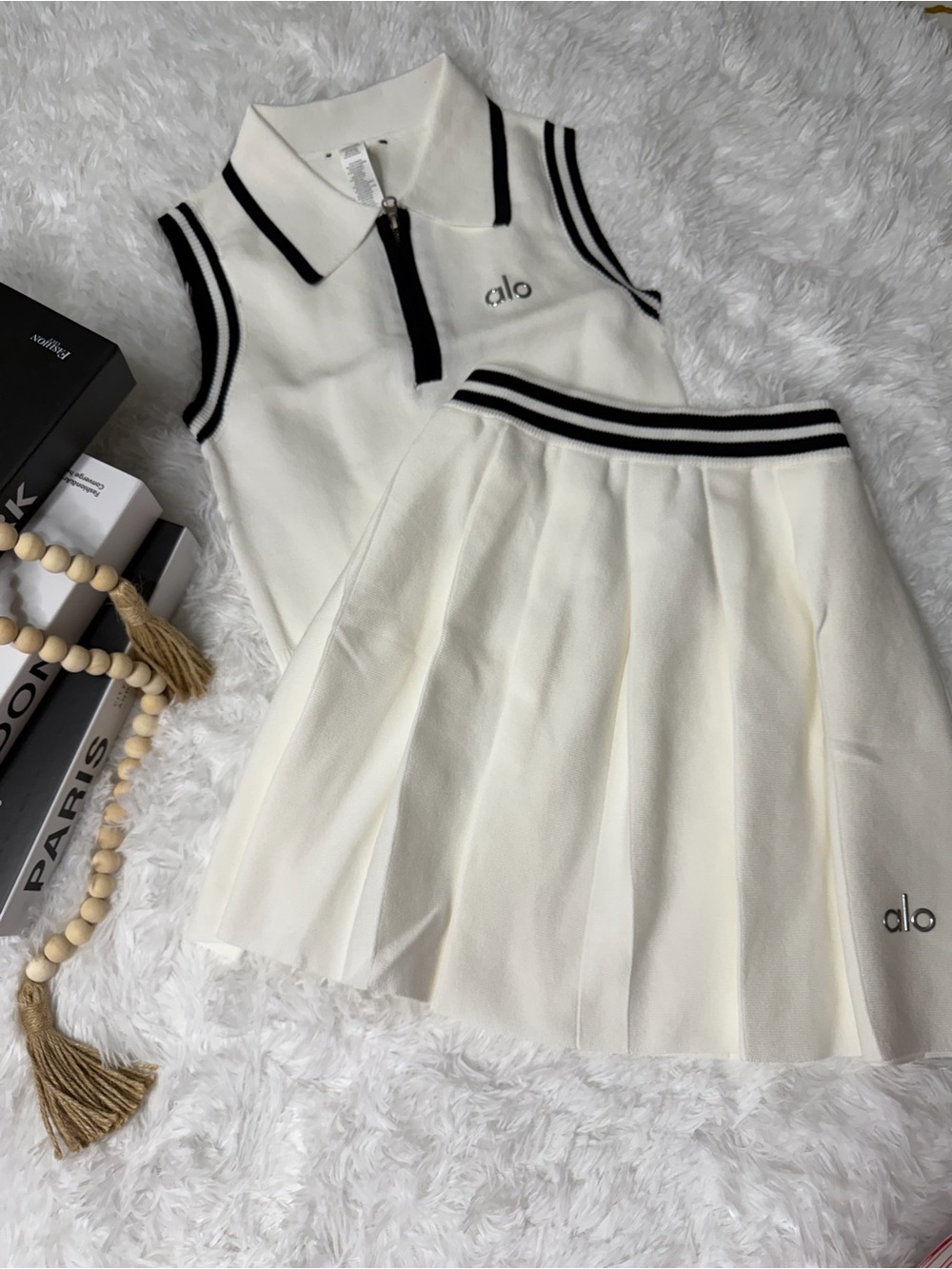 ALO Yoga White Sleeveless Polo Top and Pleated Skirt Set with Black Trim